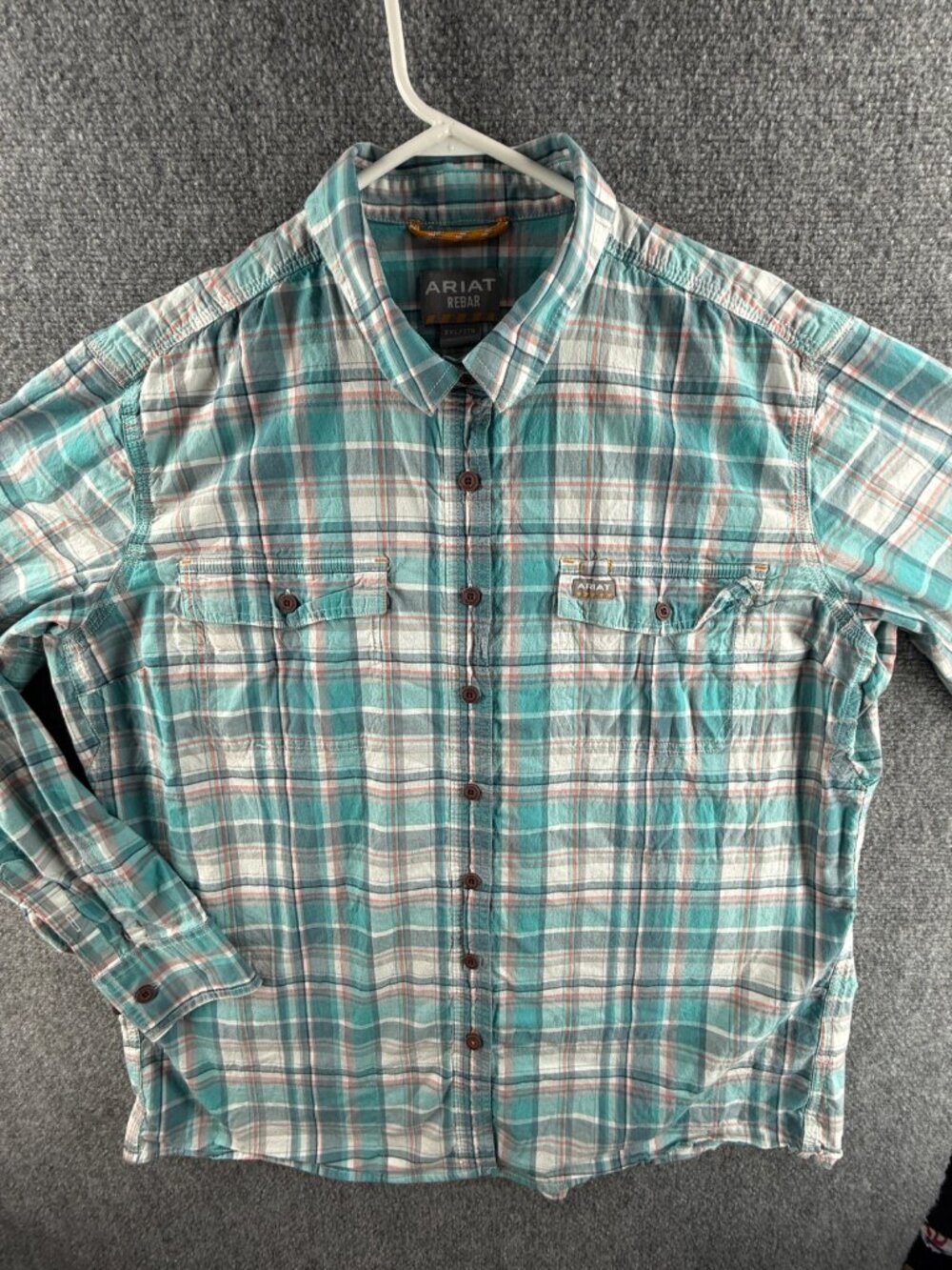 Ariat Rebar Long Sleeve Button Up Shirt Plaid Blue 2XL Pockets Logo Cotton Mix